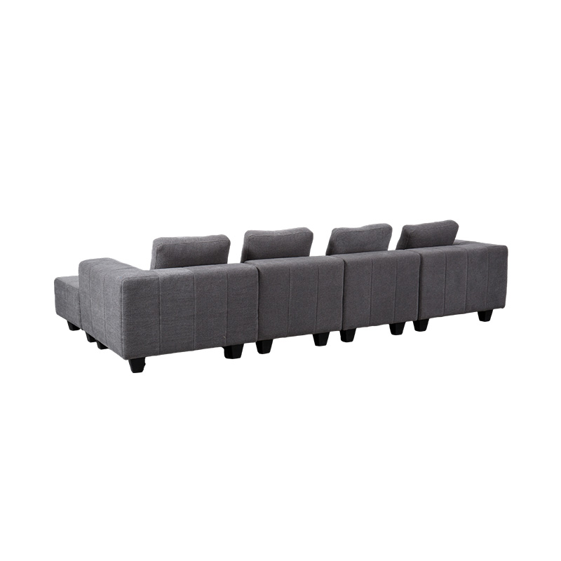 Grand canapé modulable en forme de L en tissu gris clair avec coussins carrés, style minimaliste moderne
