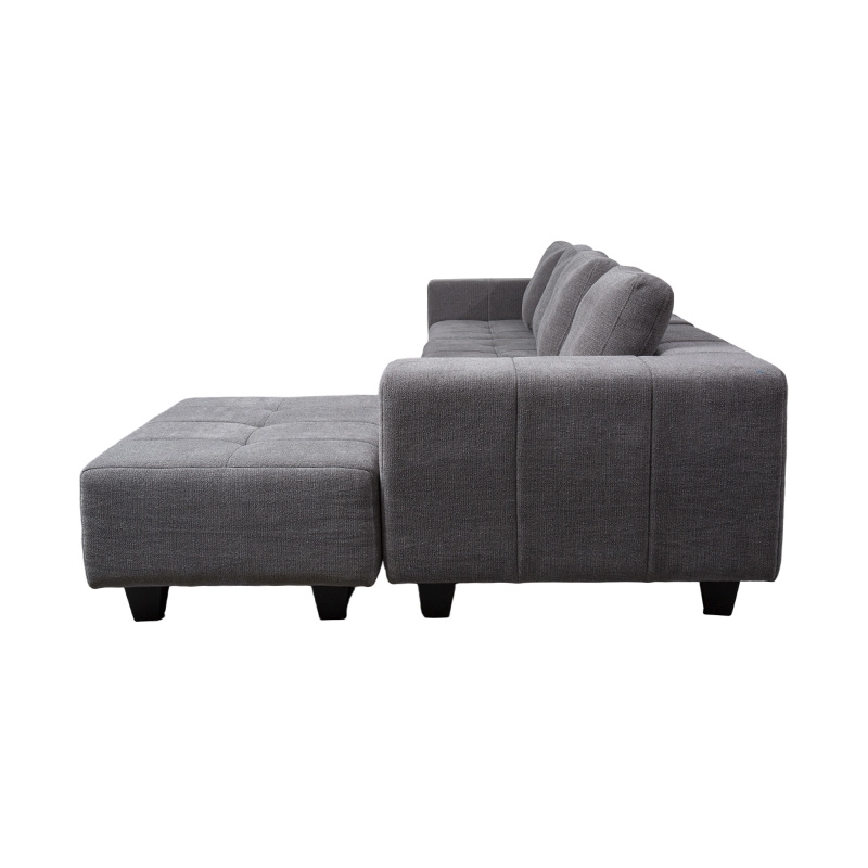 Grand canapé modulable en forme de L en tissu gris clair avec coussins carrés, style minimaliste moderne