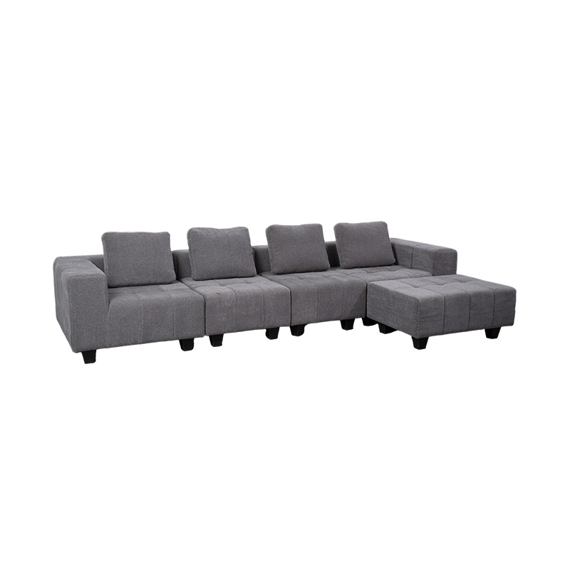 Grand canapé modulable en forme de L en tissu gris clair avec coussins carrés, style minimaliste moderne