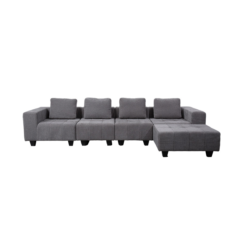 Grand canapé modulable en forme de L en tissu gris clair avec coussins carrés, style minimaliste moderne Grand canapé modulable en forme de L en tissu gris clair avec coussins carrés, style minimaliste moderne