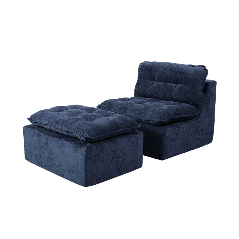 Ensemble de canapés modulaires entièrement en mousse en velours côtelé bleu foncé avec dossier rembourré et pouf assorti Ensemble de canapés modulaires entièrement en mousse en velours côtelé bleu foncé avec dossier rembourré et pouf assorti