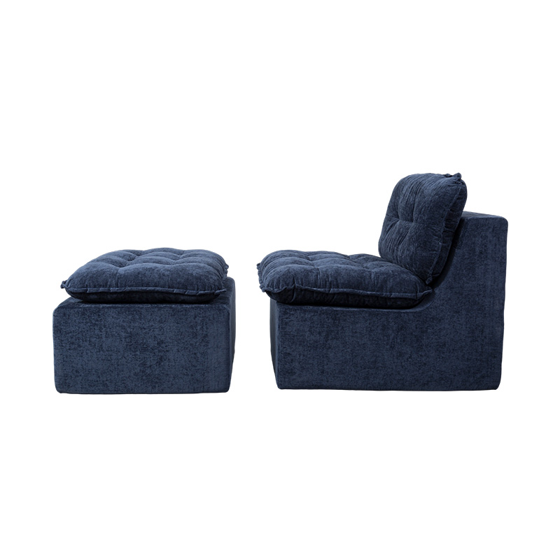 Ensemble de canapés modulaires entièrement en mousse en velours côtelé bleu foncé avec dossier rembourré et pouf assorti Ensemble de canapés modulaires entièrement en mousse en velours côtelé bleu foncé avec dossier rembourré et pouf assorti