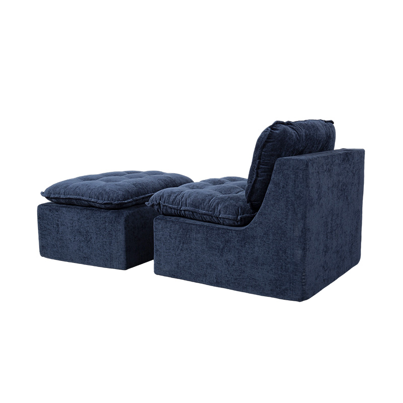 Ensemble de canapés modulaires entièrement en mousse en velours côtelé bleu foncé avec dossier rembourré et pouf assorti Ensemble de canapés modulaires entièrement en mousse en velours côtelé bleu foncé avec dossier rembourré et pouf assorti