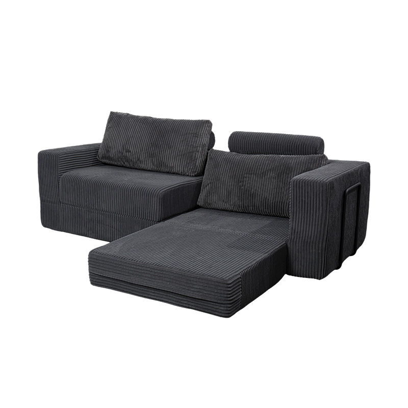 Canapé convertible moderne en velours côtelé gris foncé avec coussins, disposition modulaire flexible