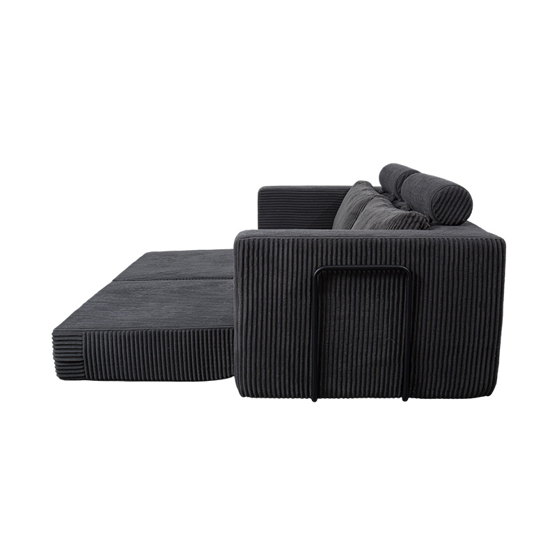Canapé convertible moderne en velours côtelé gris foncé avec coussins, disposition modulaire flexible