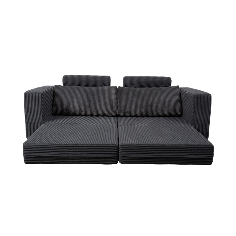 Canapé convertible moderne en velours côtelé gris foncé avec coussins, disposition modulaire flexible