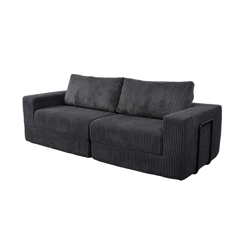 Canapé convertible moderne en velours côtelé gris foncé avec coussins, disposition modulaire flexible