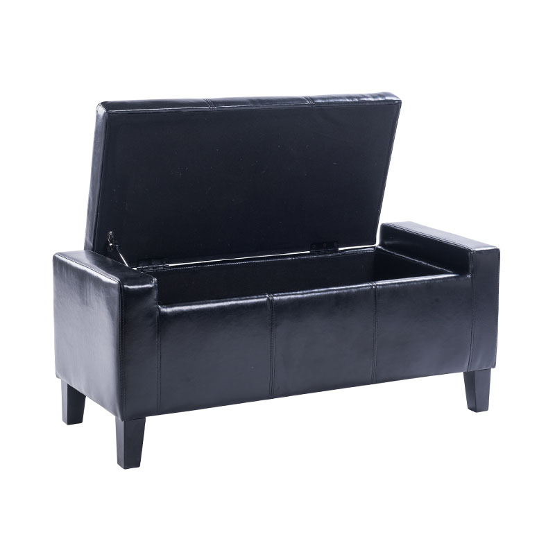Tabouret de rangement simple en cuir avec pieds en bois d'hévéa noir